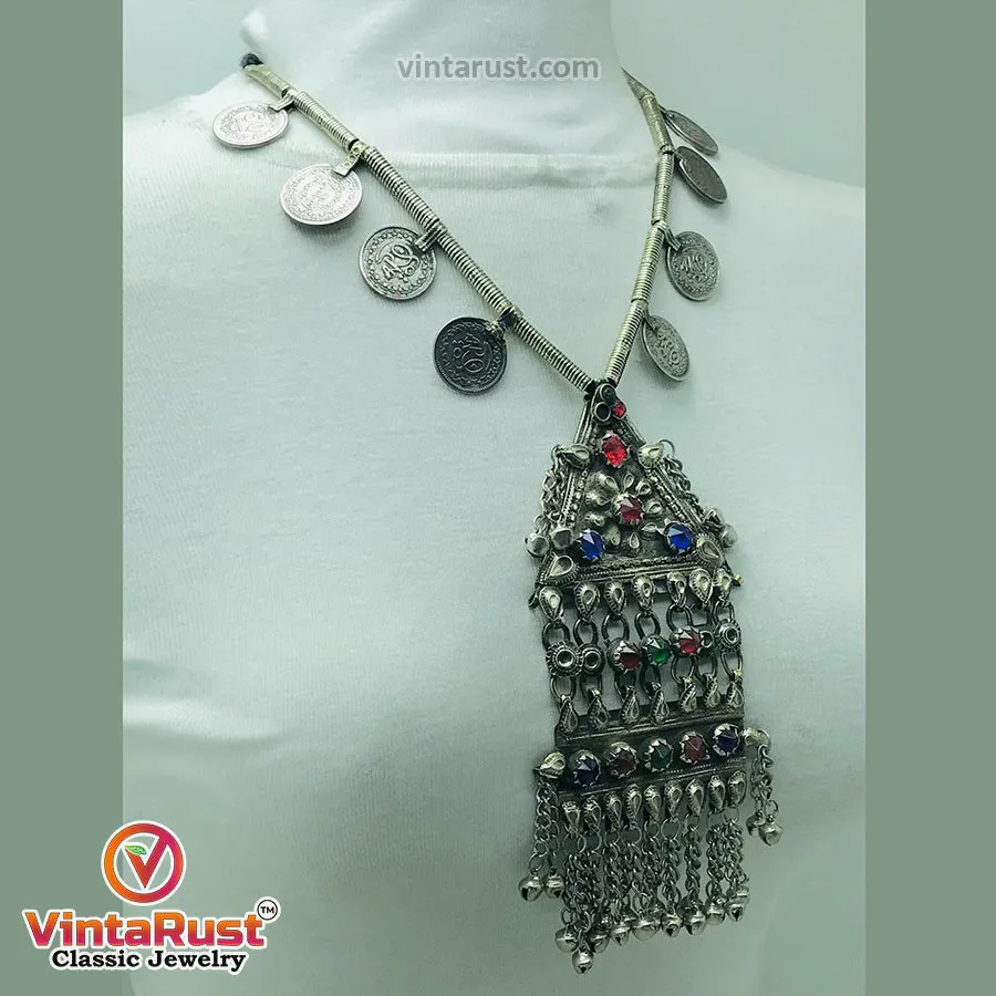 Silver Vintage Long Pendant Necklace with Coins