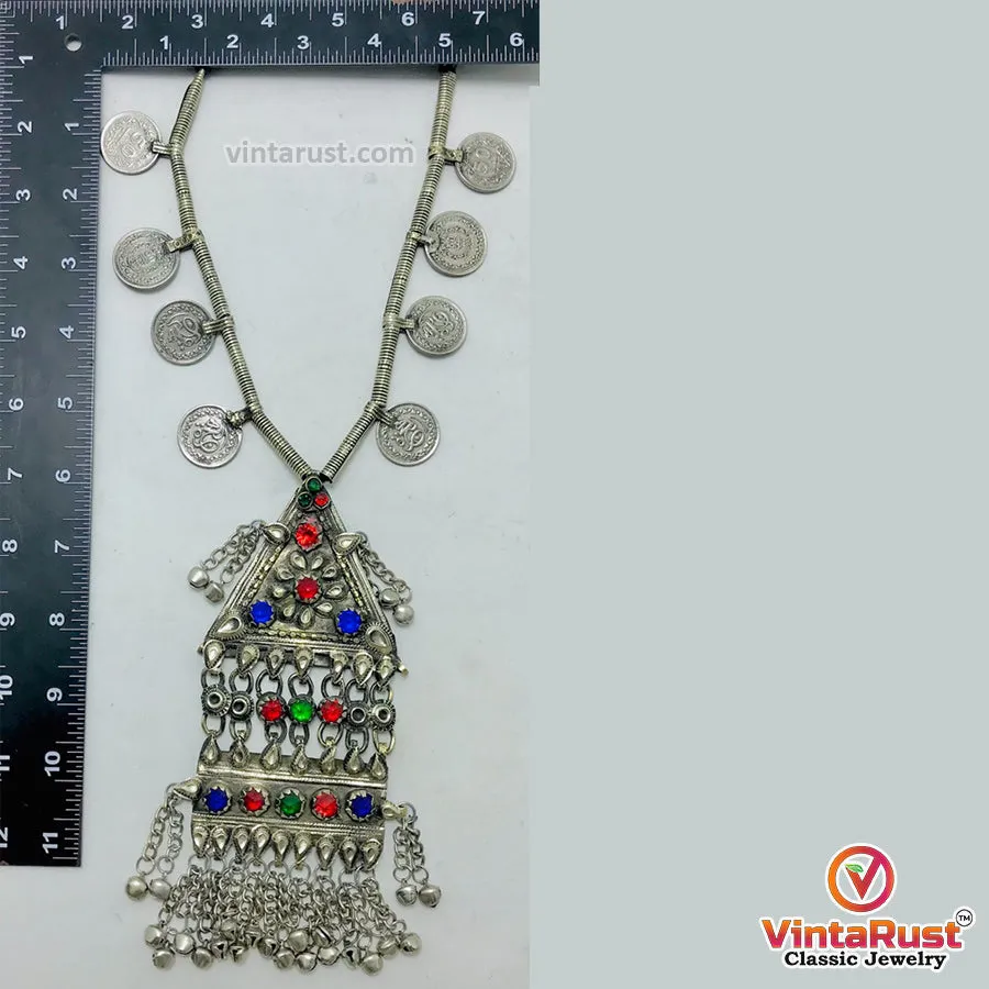 Silver Vintage Long Pendant Necklace with Coins
