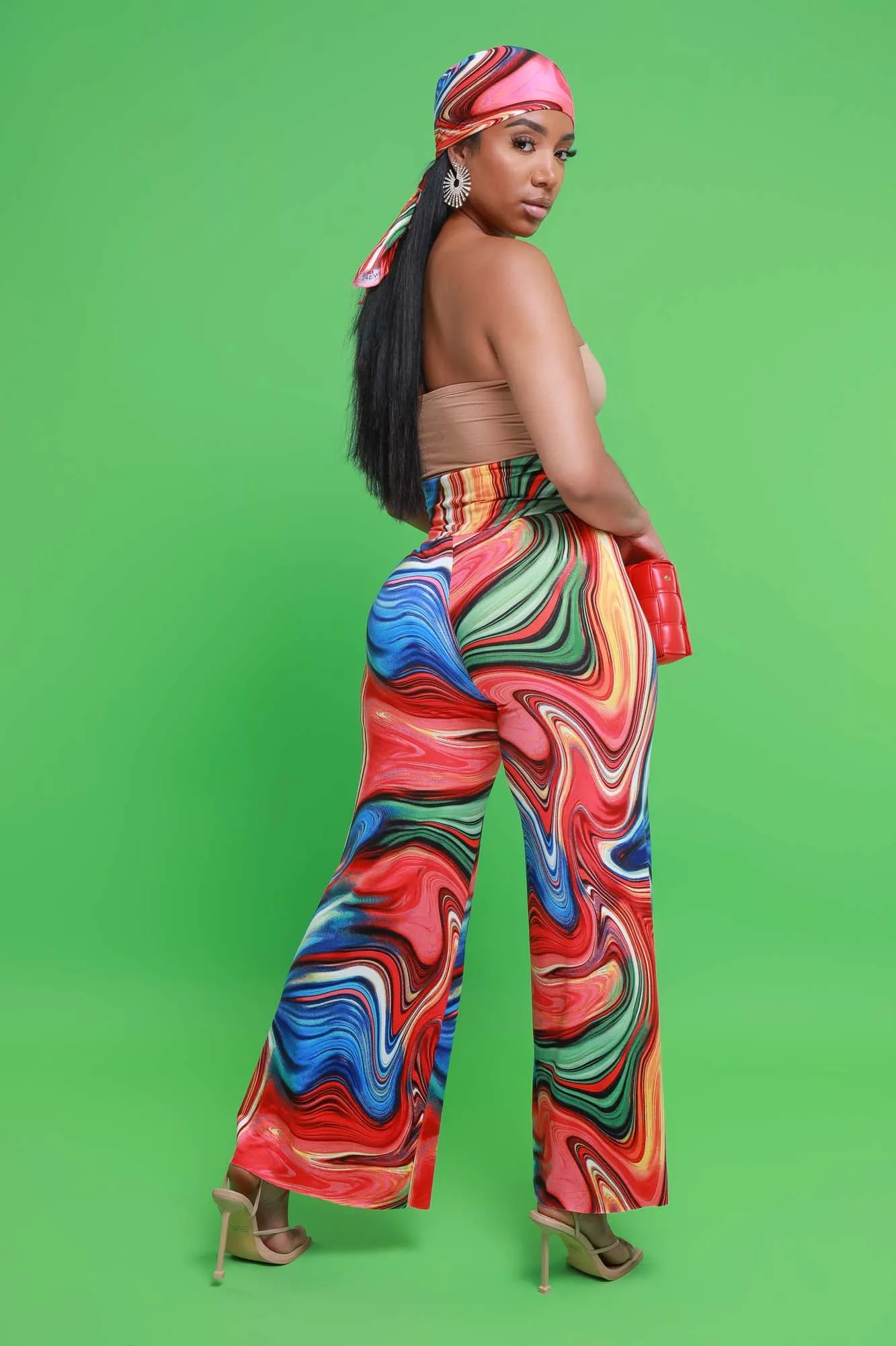 Skip A Beat BBL Palazzo Pant & Bandana Set - Orange/Green
