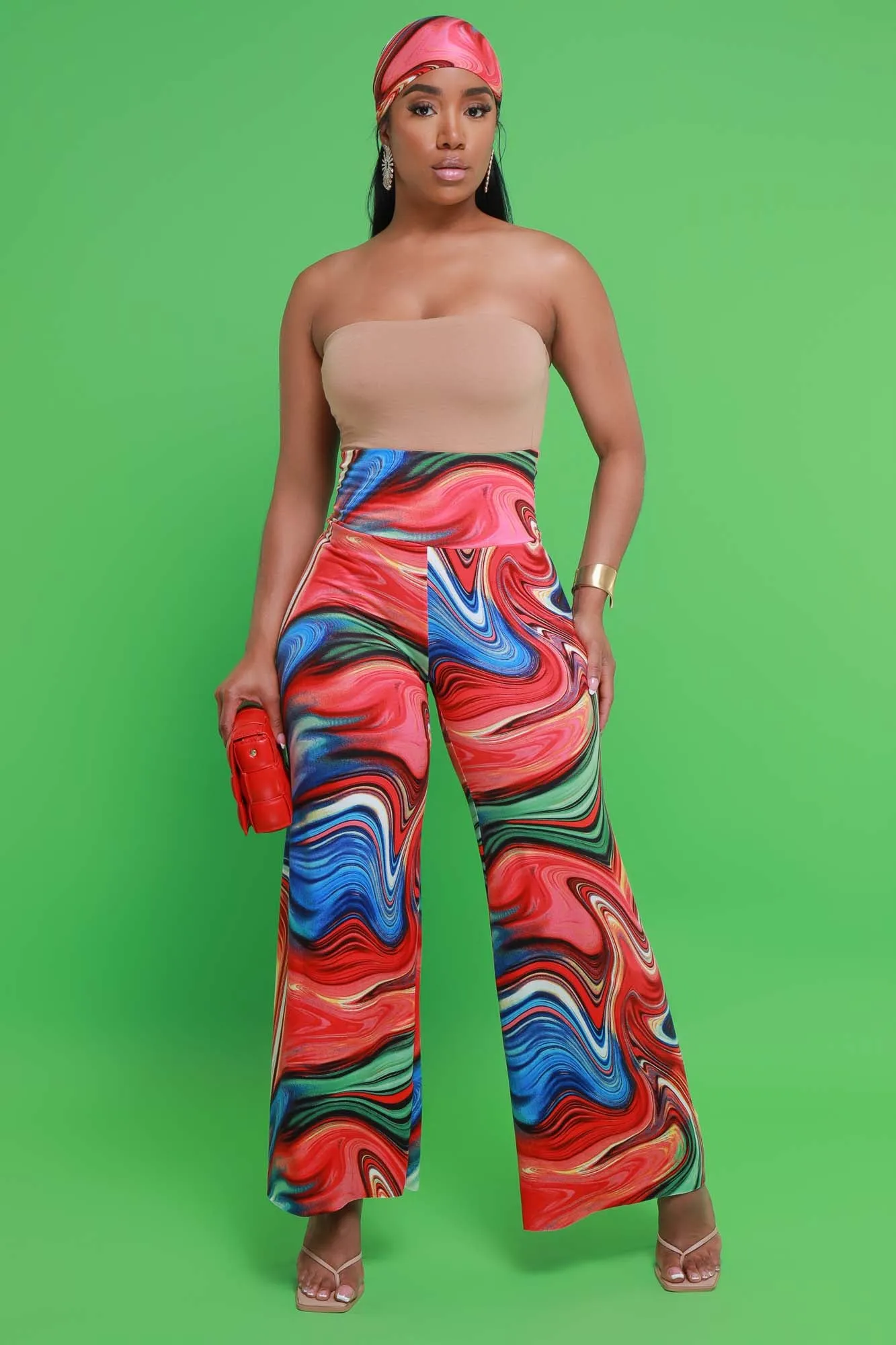 Skip A Beat BBL Palazzo Pant & Bandana Set - Orange/Green