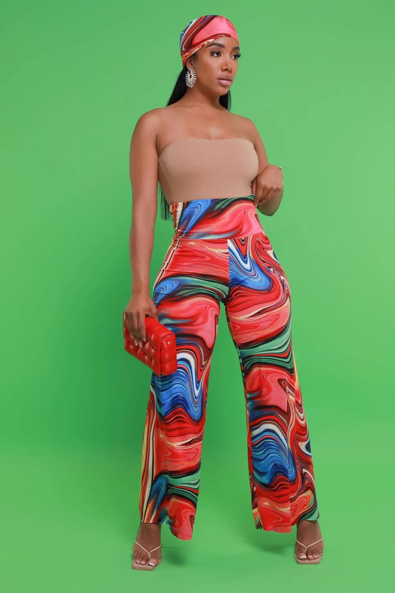Skip A Beat BBL Palazzo Pant & Bandana Set - Orange/Green