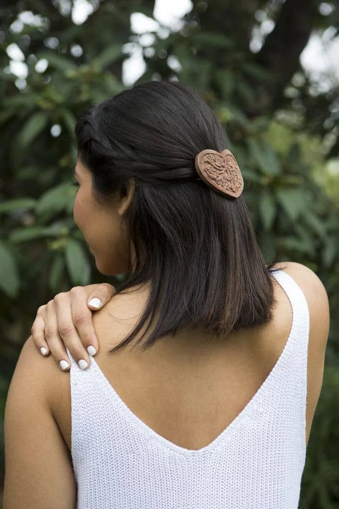 Sonia Floral Heart Barrette - Hand Carved Wood