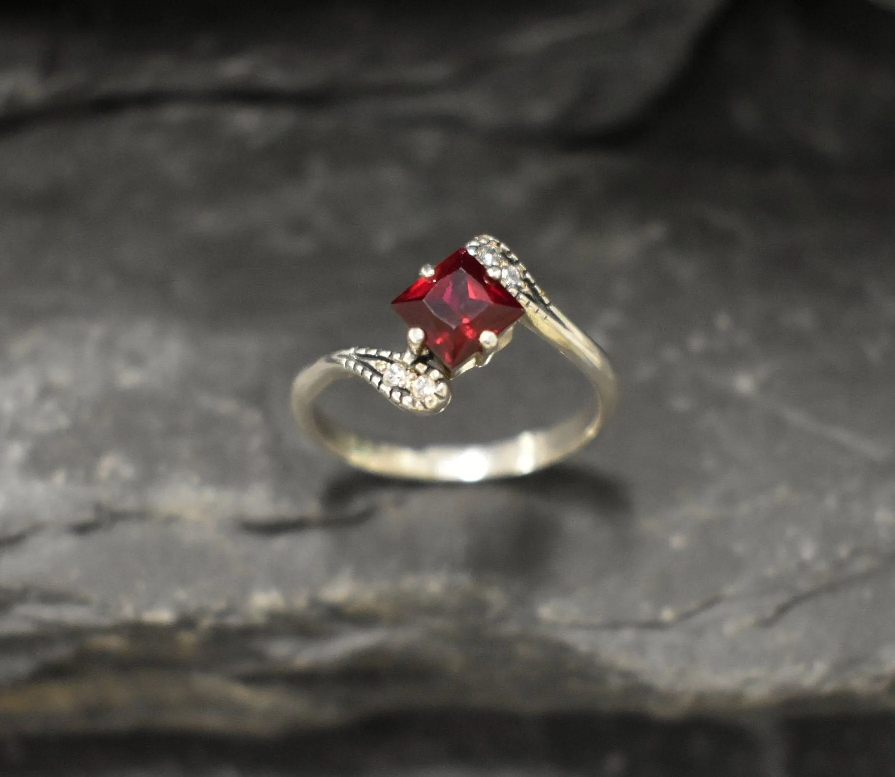 Square Garnet Ring - Red Bypass Ring - Classy Vintage Ring