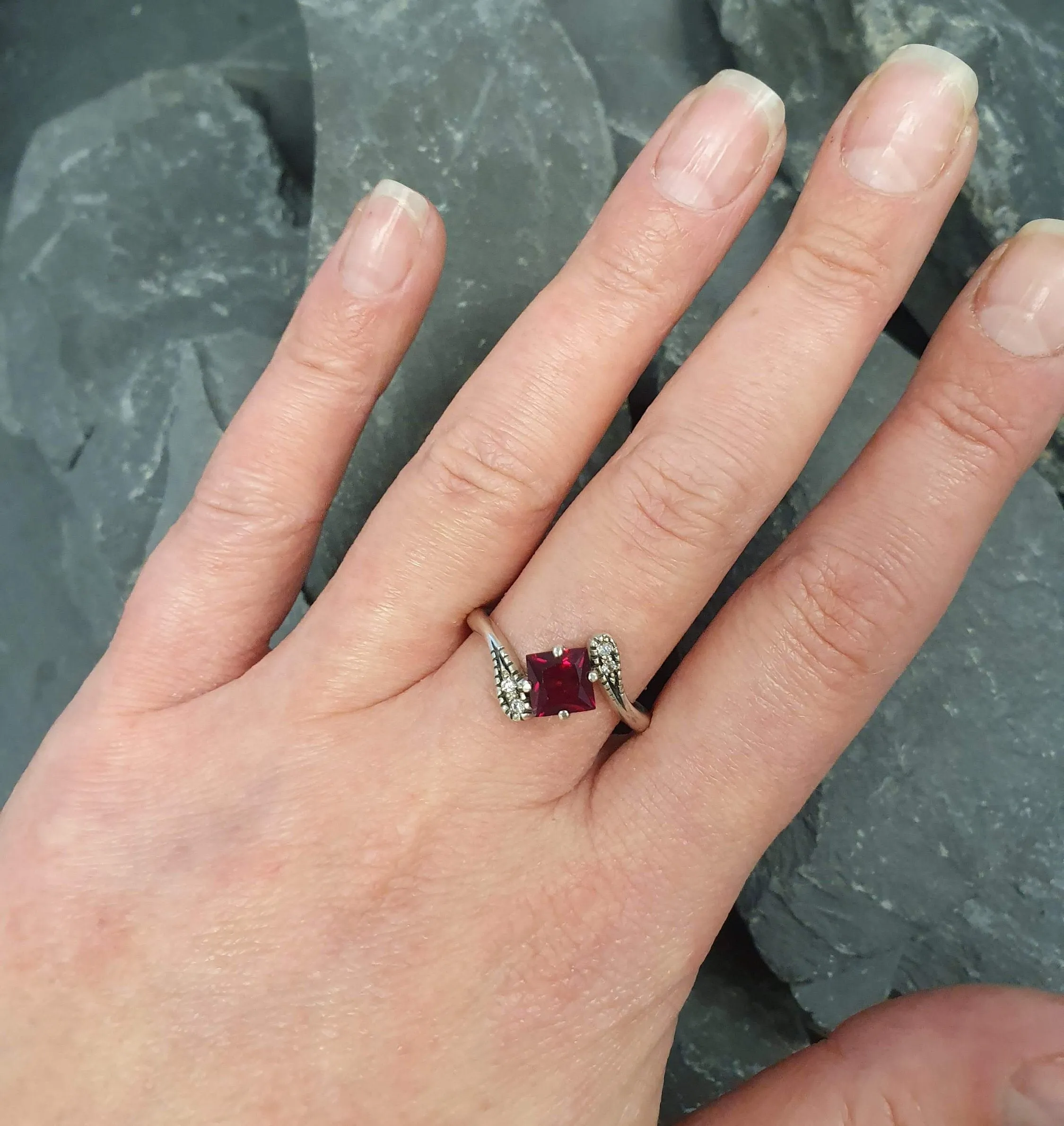 Square Garnet Ring - Red Bypass Ring - Classy Vintage Ring