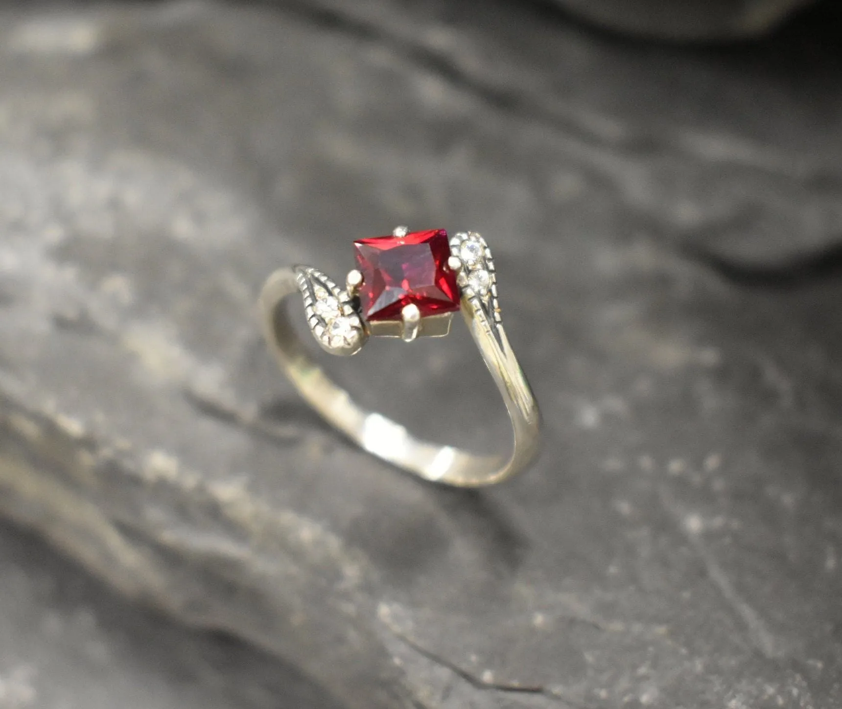 Square Garnet Ring - Red Bypass Ring - Classy Vintage Ring