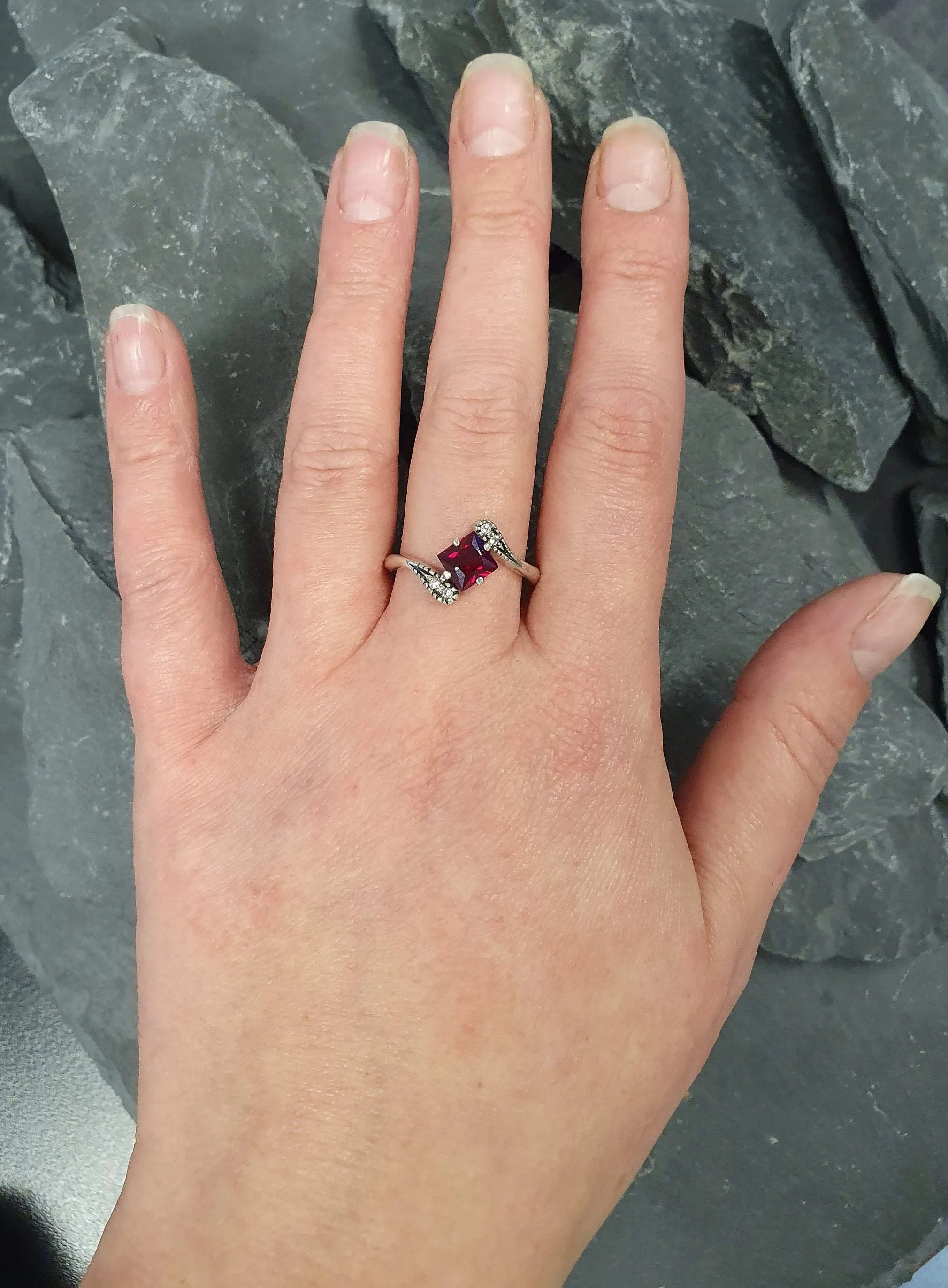 Square Garnet Ring - Red Bypass Ring - Classy Vintage Ring