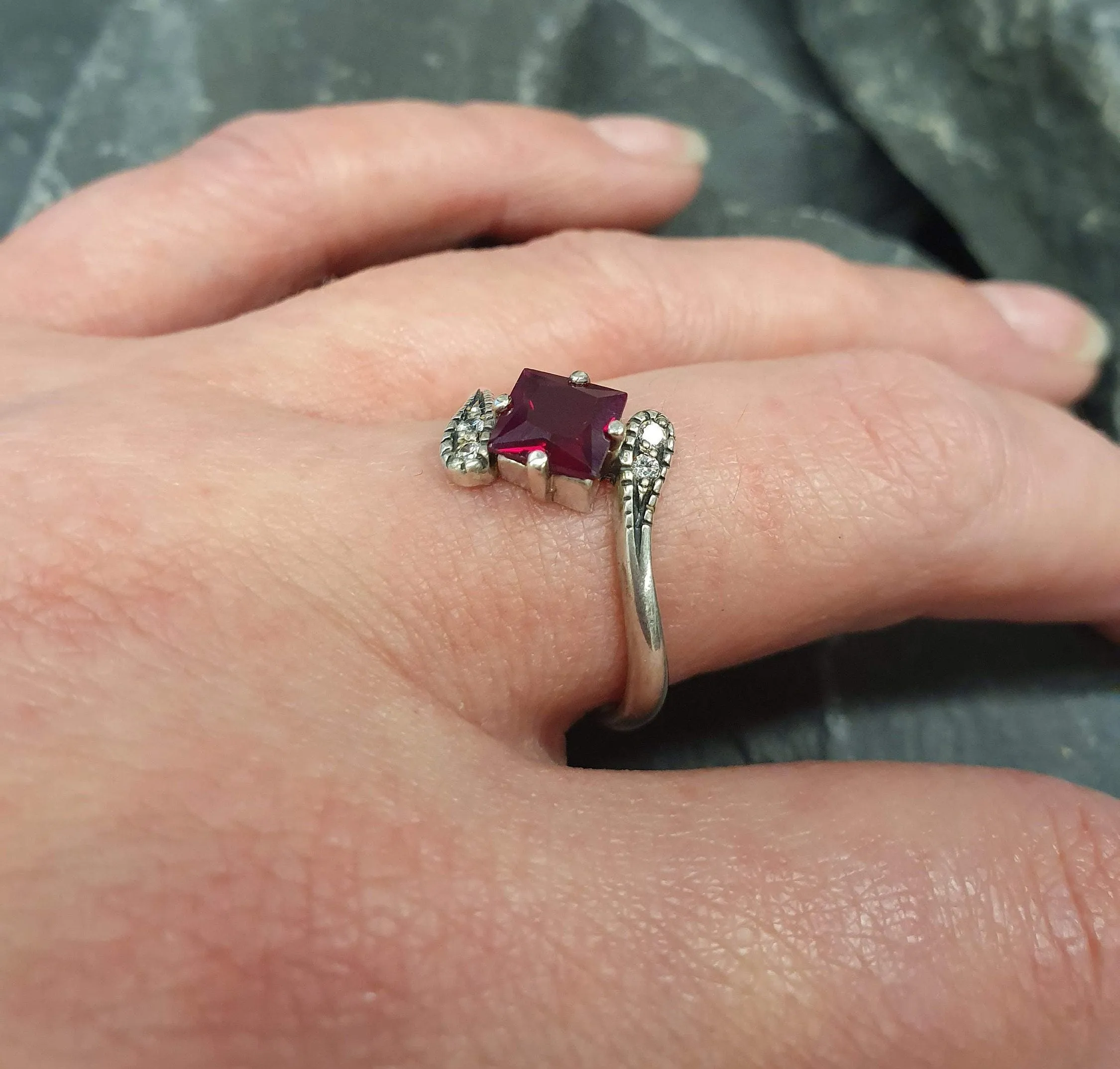 Square Garnet Ring - Red Bypass Ring - Classy Vintage Ring