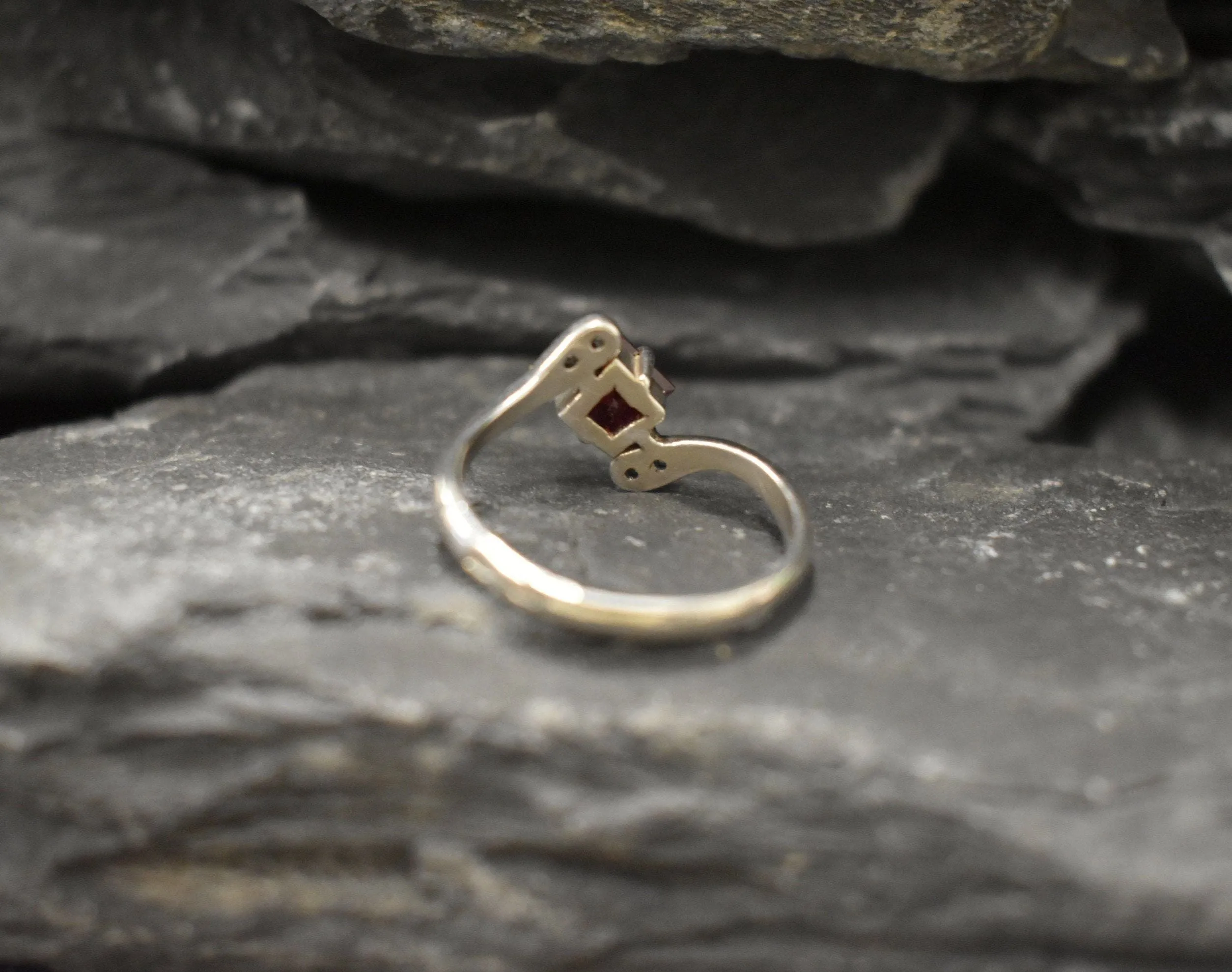 Square Garnet Ring - Red Bypass Ring - Classy Vintage Ring