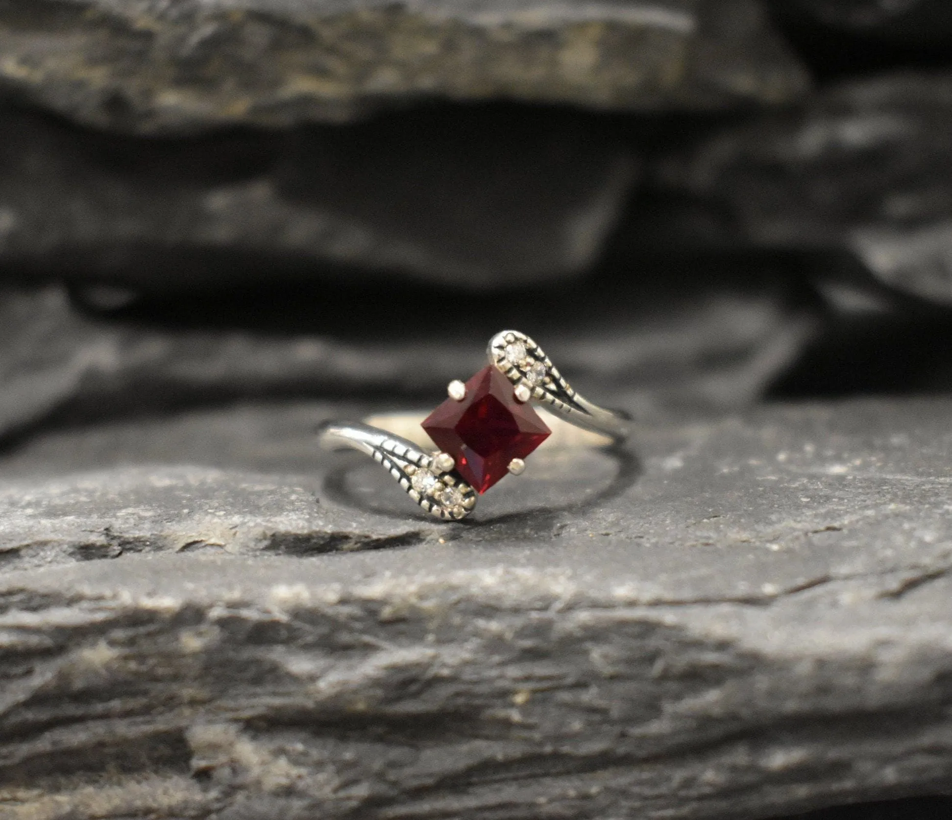 Square Garnet Ring - Red Bypass Ring - Classy Vintage Ring