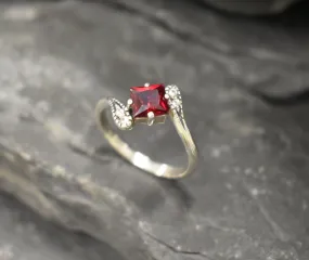 Square Garnet Ring - Red Bypass Ring - Classy Vintage Ring