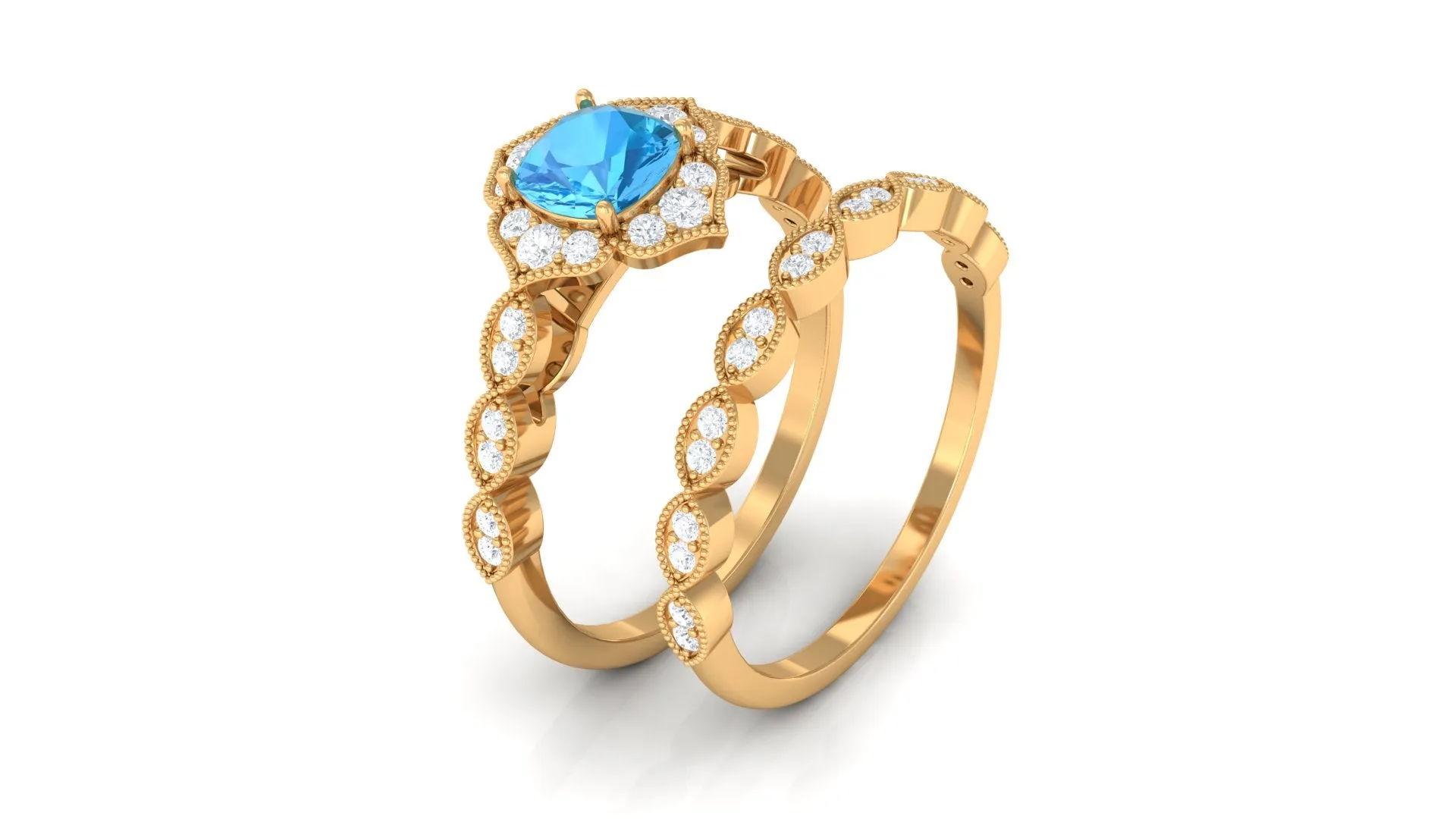 Swiss Blue Topaz Flower Ring Set with Diamond