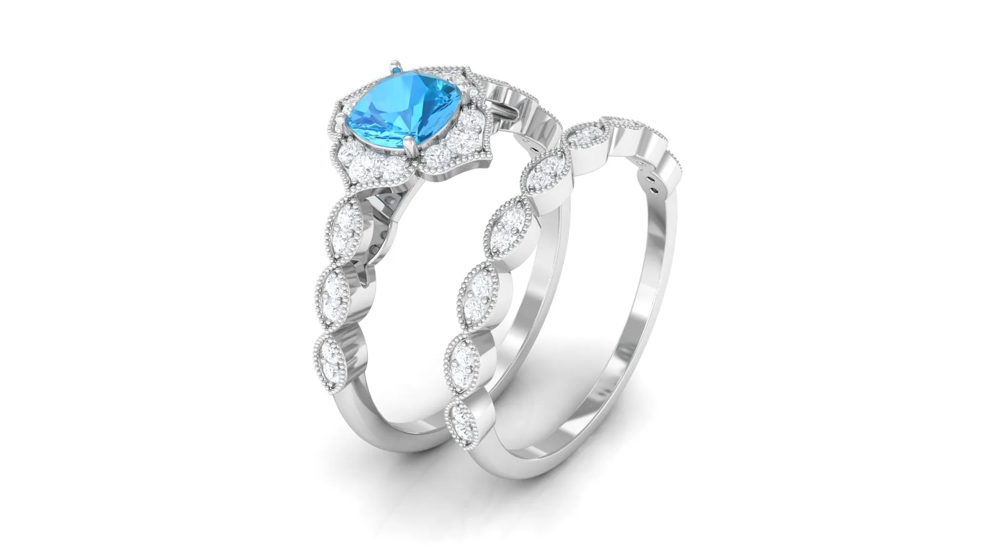 Swiss Blue Topaz Flower Ring Set with Diamond