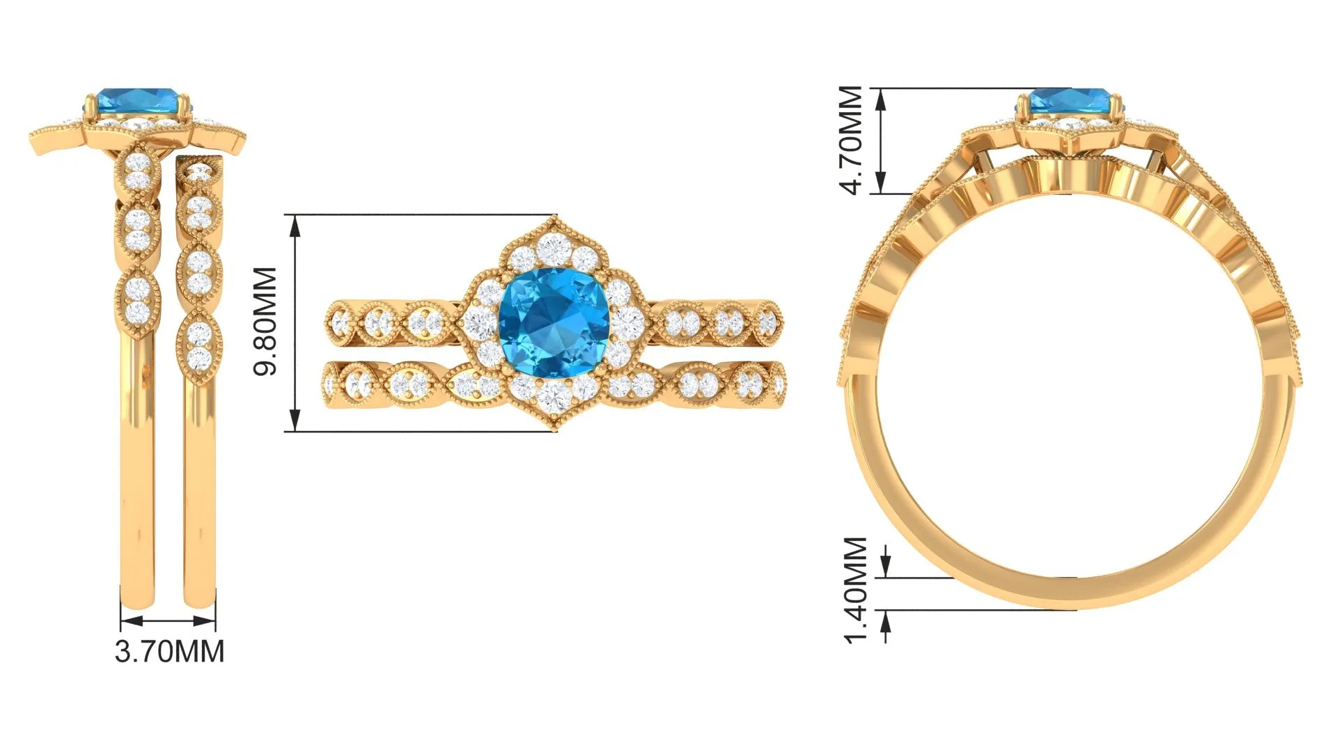 Swiss Blue Topaz Flower Ring Set with Diamond