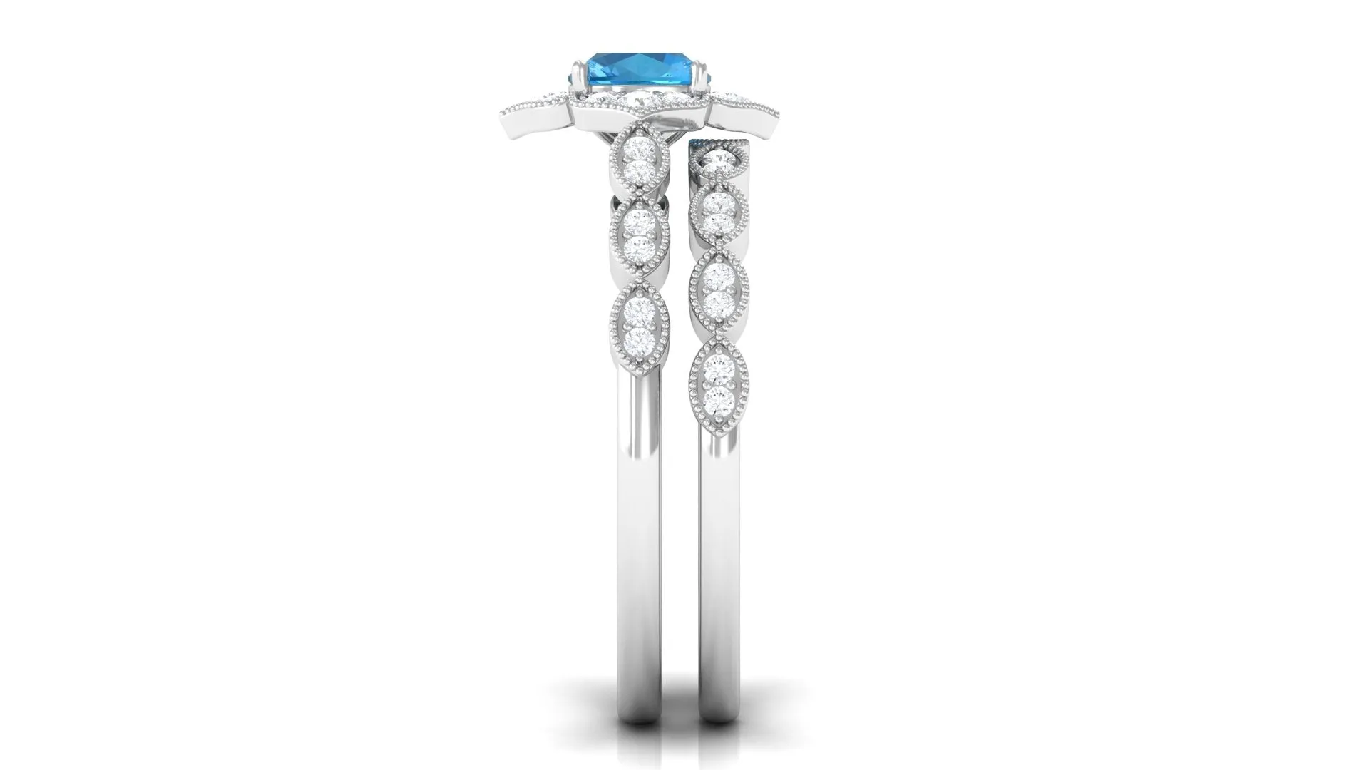 Swiss Blue Topaz Flower Ring Set with Diamond