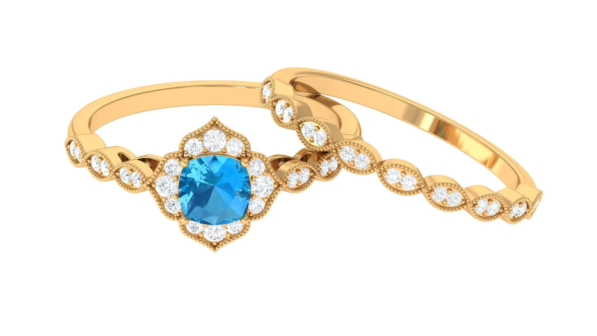 Swiss Blue Topaz Flower Ring Set with Diamond