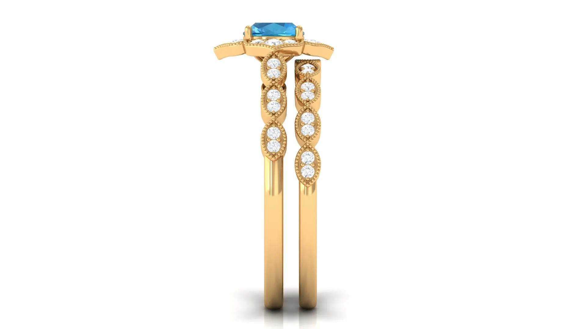 Swiss Blue Topaz Flower Ring Set with Diamond