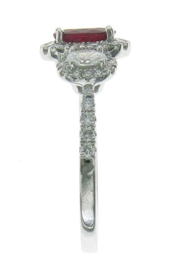 Three Stone Oval Ruby Center Halo Ring with Diamonds