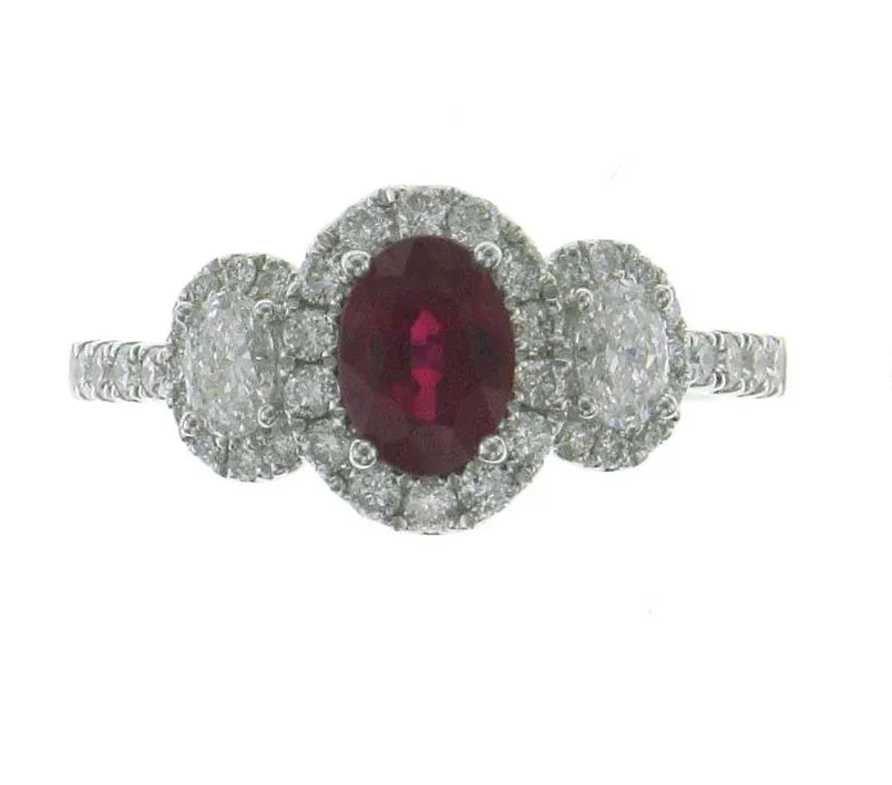 Three Stone Oval Ruby Center Halo Ring with Diamonds