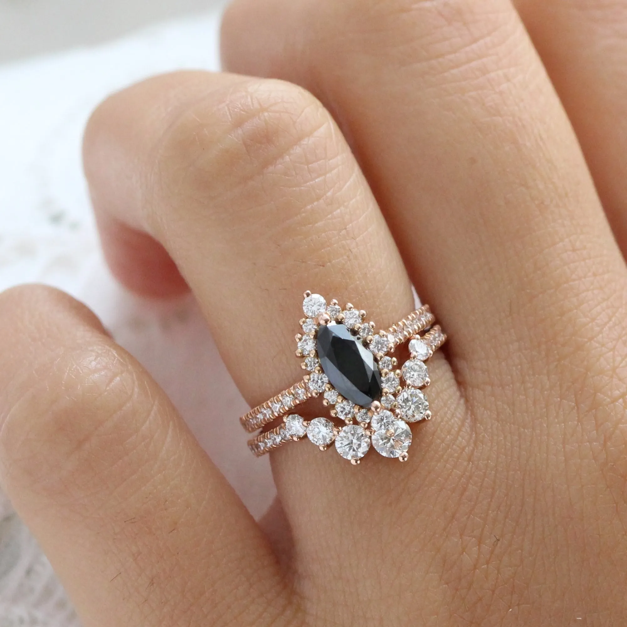 Tiara Halo Marquise Black Diamond Stack w/ Large 7 Diamond Curved Pave Band