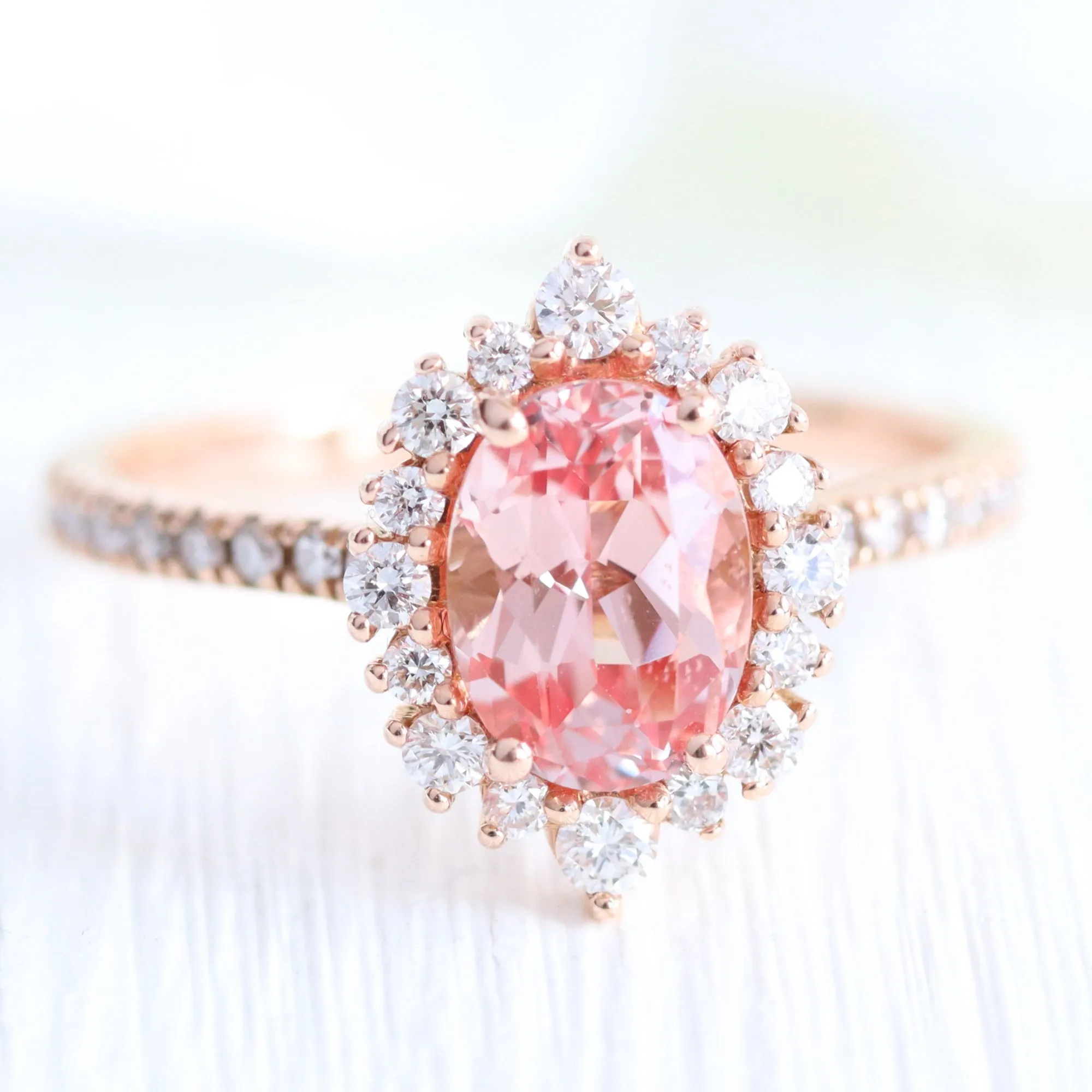 Tiara Halo Oval Pave Ring Set w/ Peach Sapphire and Large 7 Diamond U Band