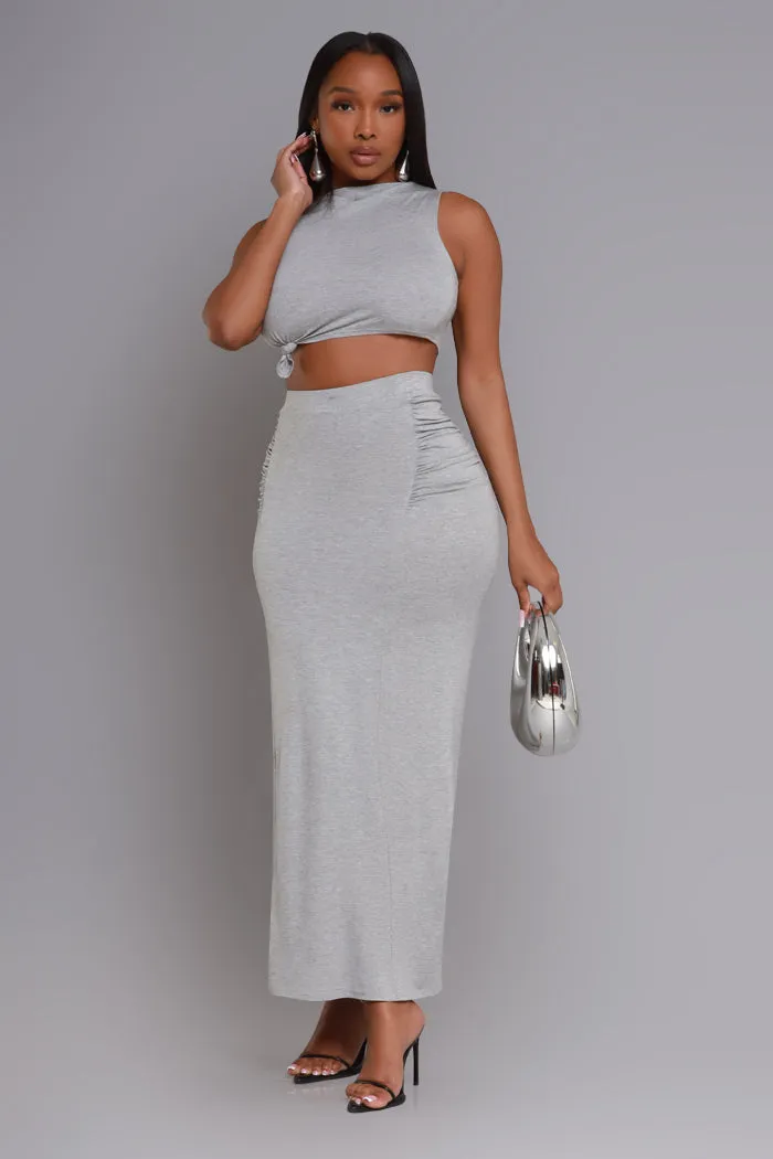 Tie The Knot Cropped Maxi Skirt Set - Heather Grey