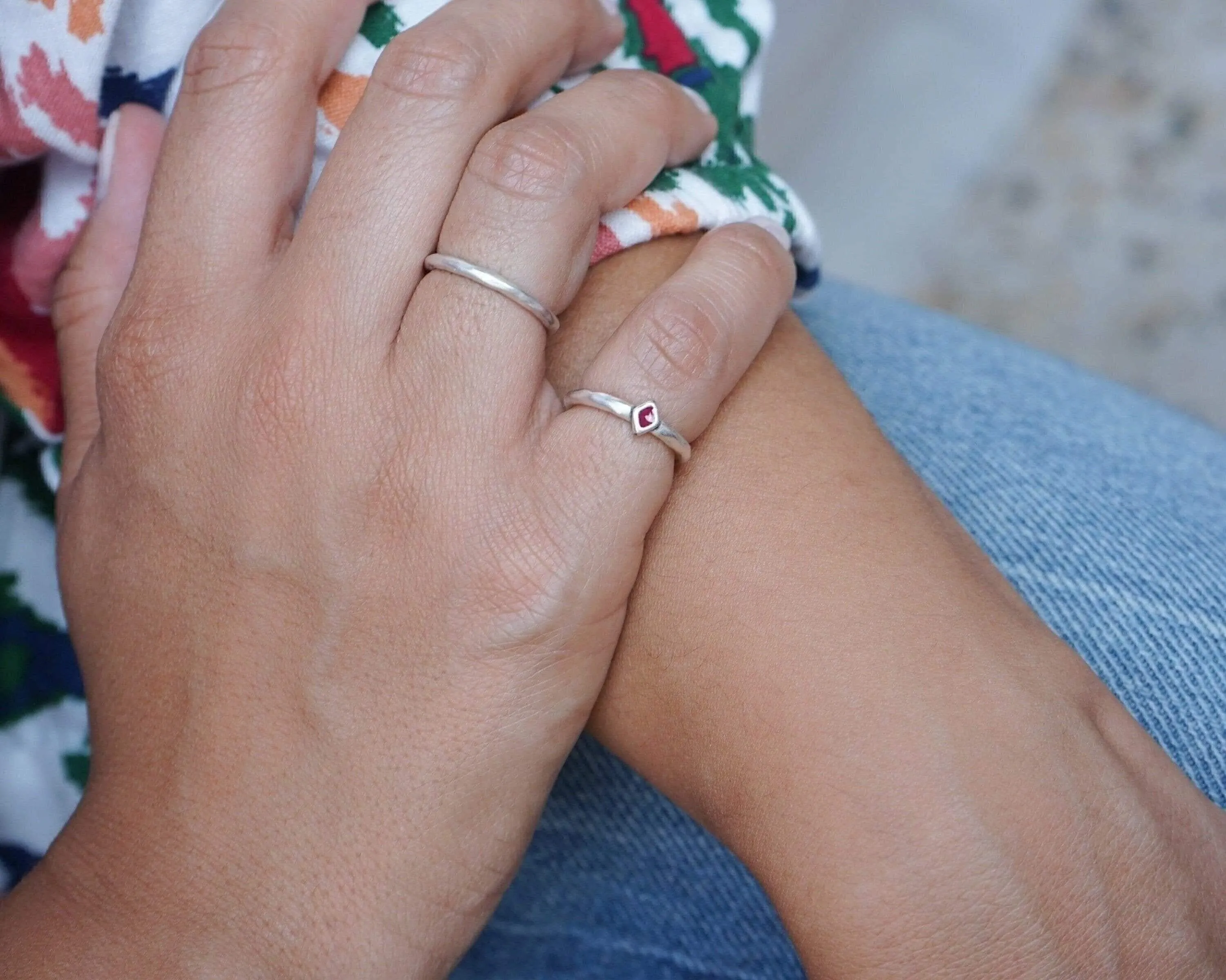 Tiny Silver Red Enamel Rhombus Band Pinky Ring