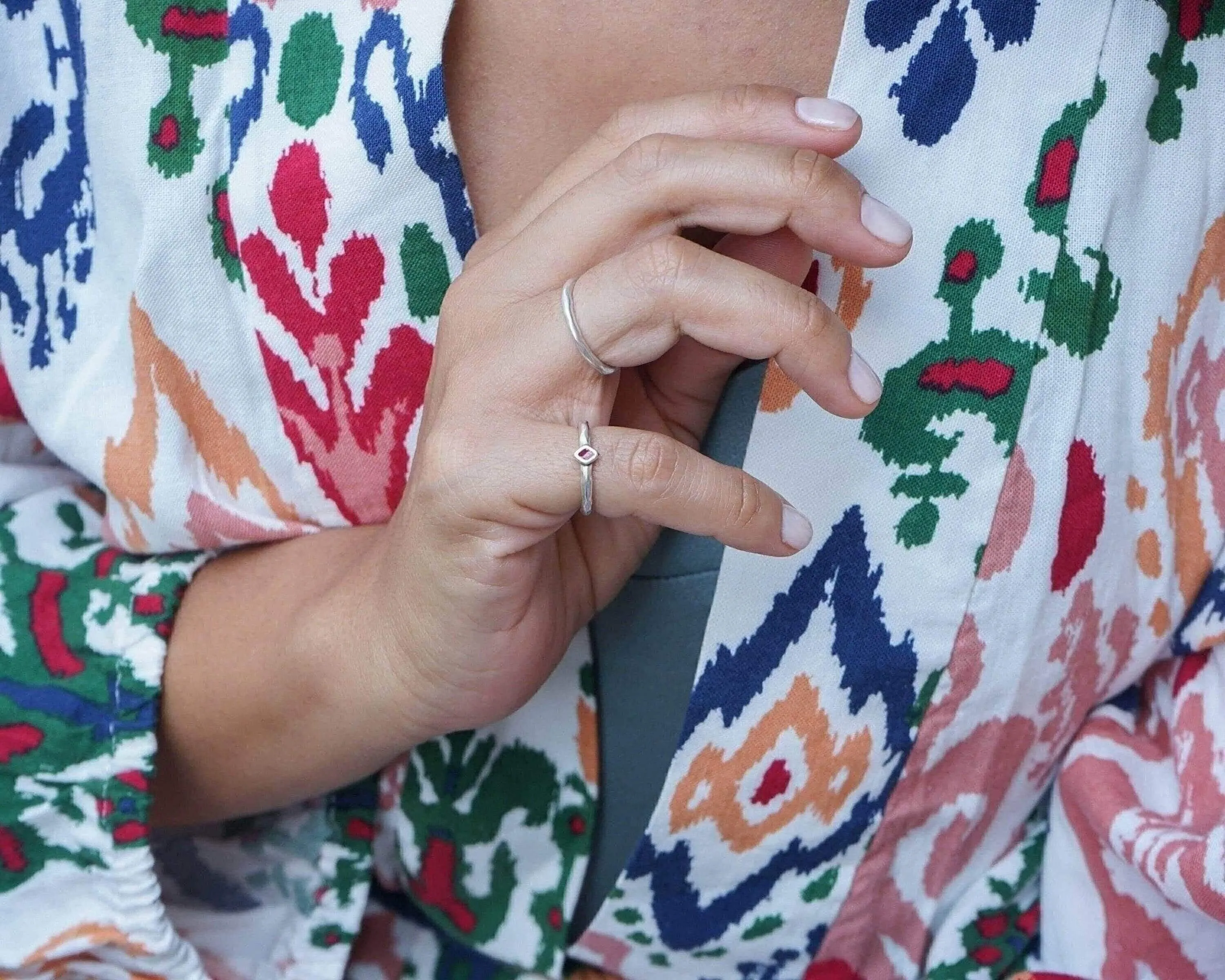 Tiny Silver Red Enamel Rhombus Band Pinky Ring