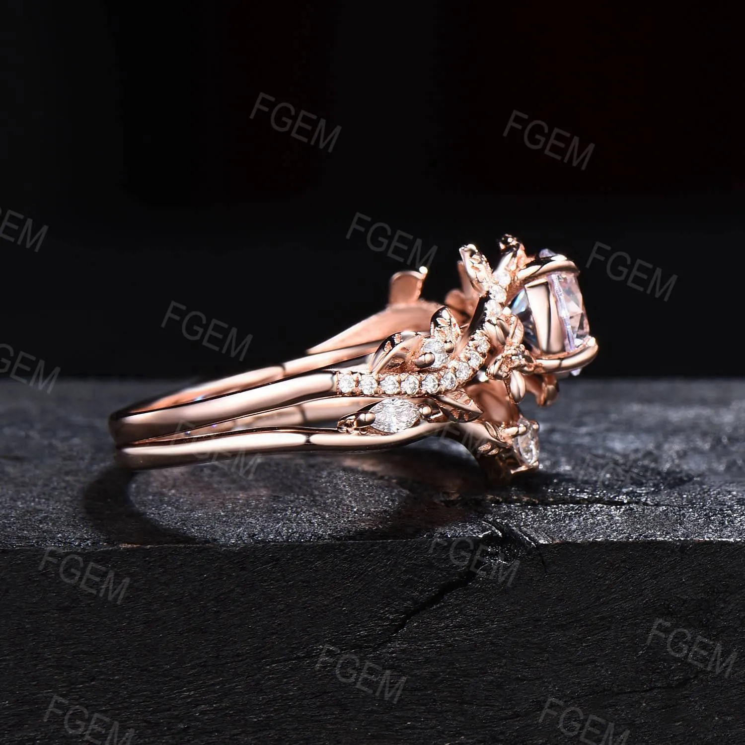 Unique Branch Leaf Moissanite Engagement Ring Set Rose Gold Bypass Ring Round Moissanite Diamond Bridal Set Floral Pave Ring Proposal Gift