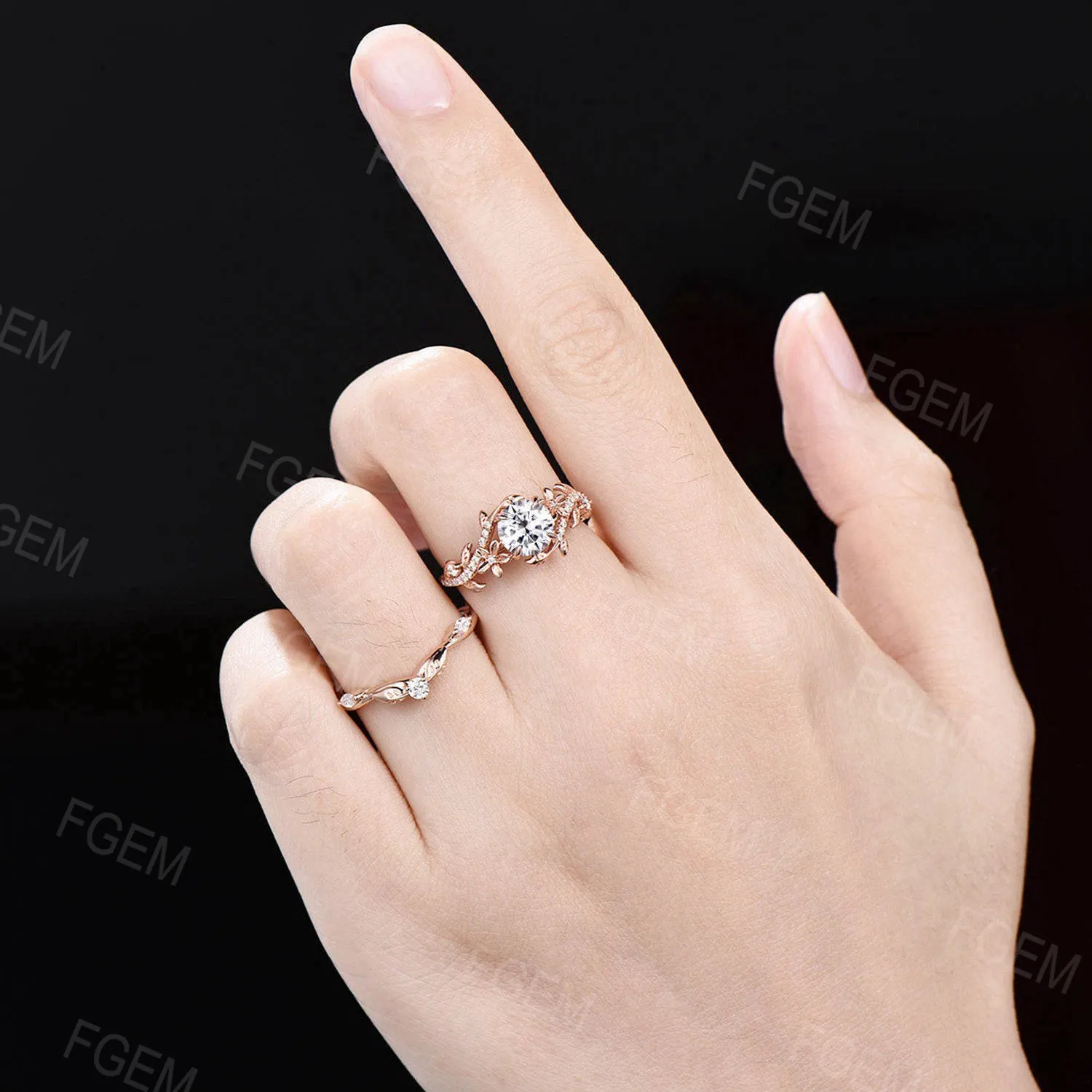 Unique Branch Leaf Moissanite Engagement Ring Set Rose Gold Bypass Ring Round Moissanite Diamond Bridal Set Floral Pave Ring Proposal Gift