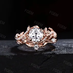 Unique Branch Leaf Moissanite Engagement Ring Set Rose Gold Bypass Ring Round Moissanite Diamond Bridal Set Floral Pave Ring Proposal Gift