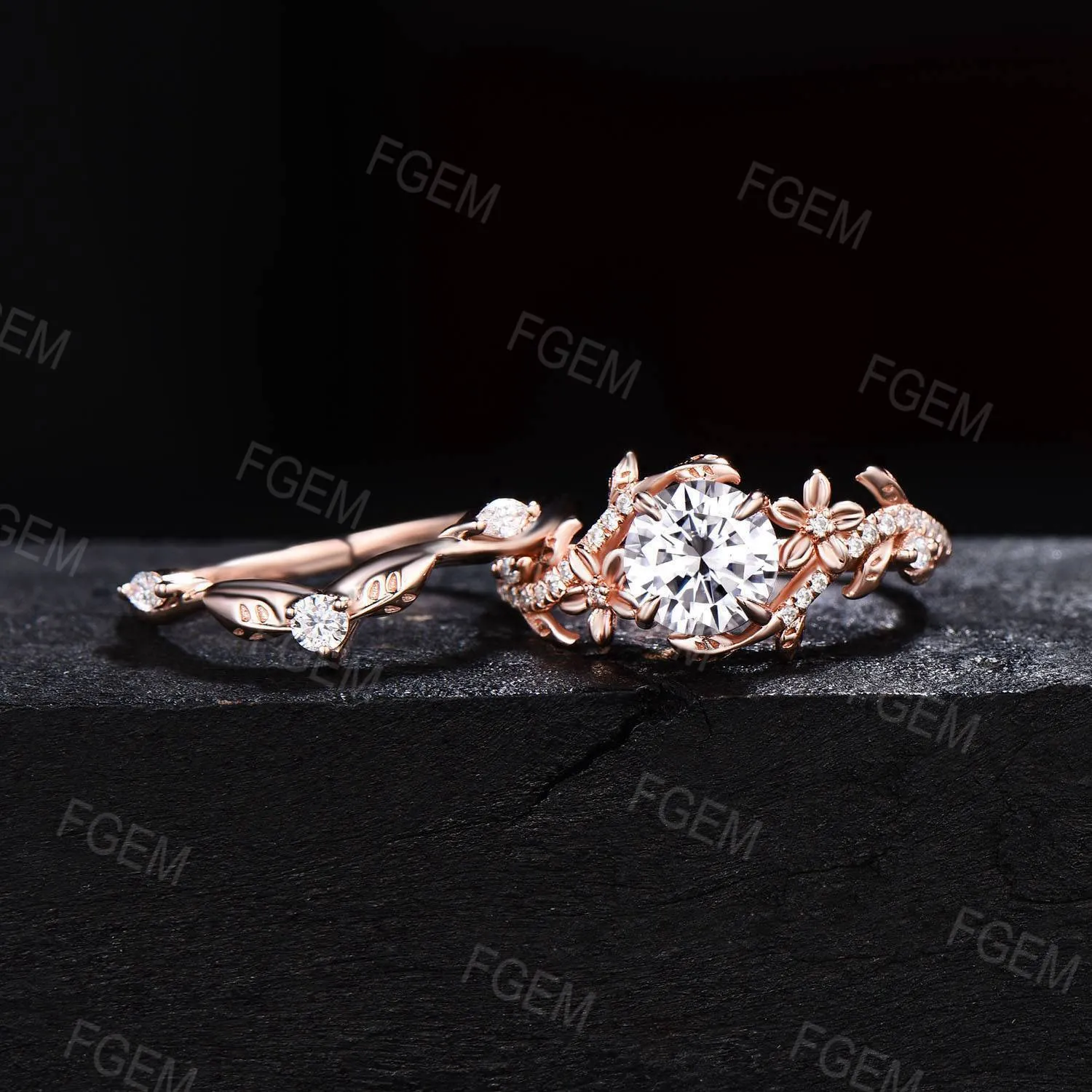 Unique Branch Leaf Moissanite Engagement Ring Set Rose Gold Bypass Ring Round Moissanite Diamond Bridal Set Floral Pave Ring Proposal Gift