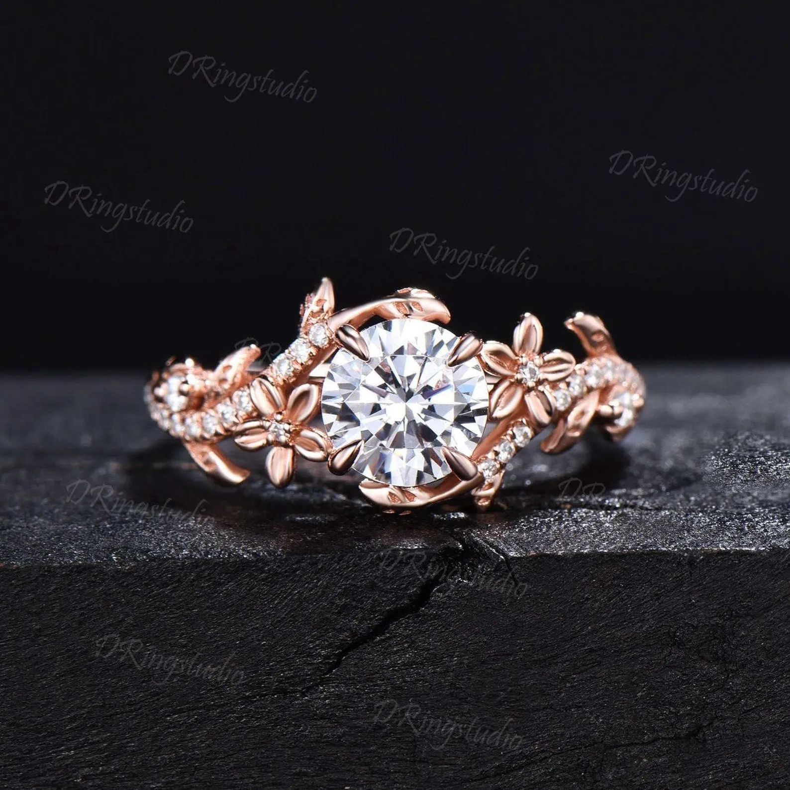 Unique Branch Leaf Moissanite Engagement Ring Set Rose Gold Bypass Ring Round Moissanite Diamond Bridal Set Floral Pave Ring Proposal Gift