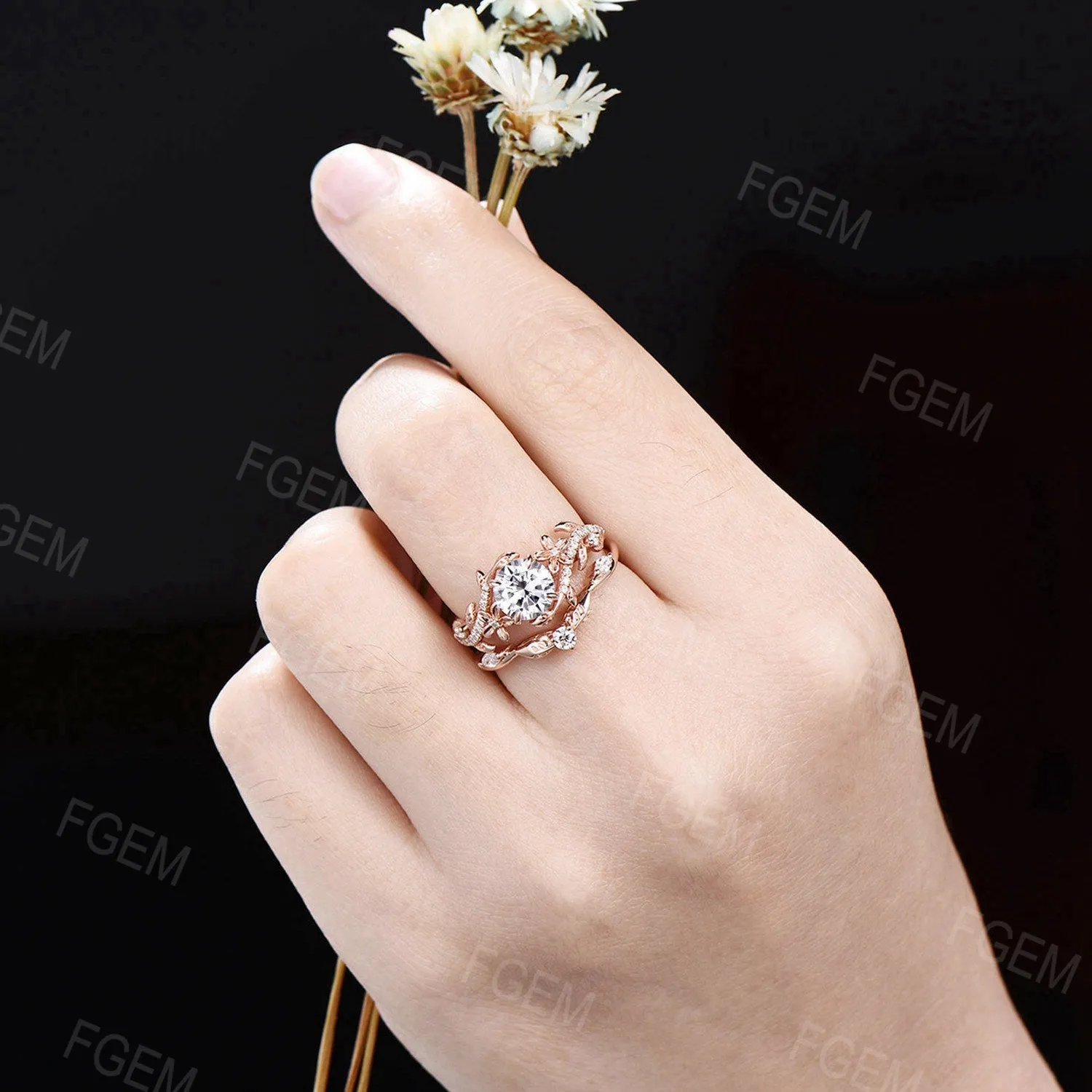 Unique Branch Leaf Moissanite Engagement Ring Set Rose Gold Bypass Ring Round Moissanite Diamond Bridal Set Floral Pave Ring Proposal Gift