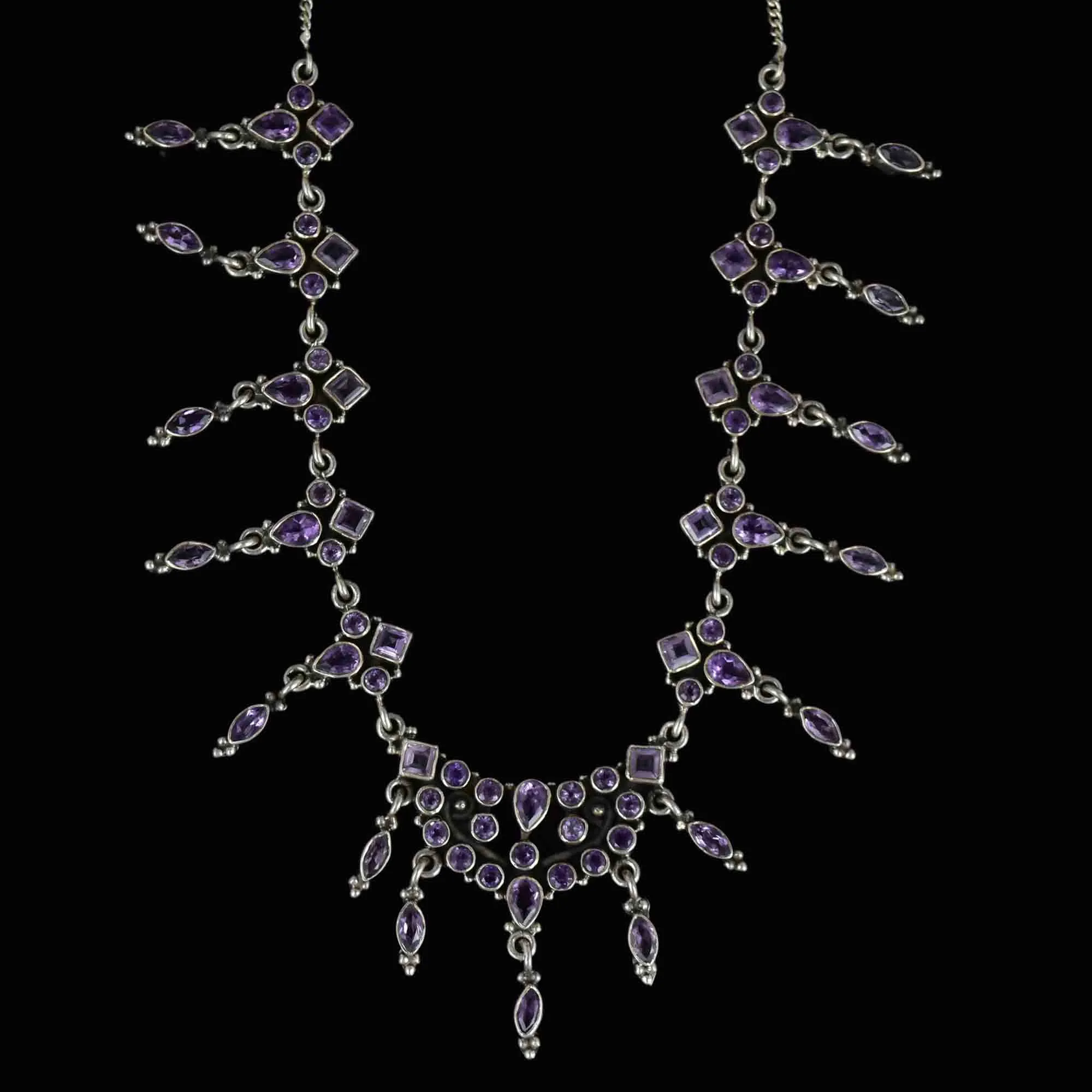 Vintage Art Deco Style Silver Amethyst Waterfall Bib Necklace