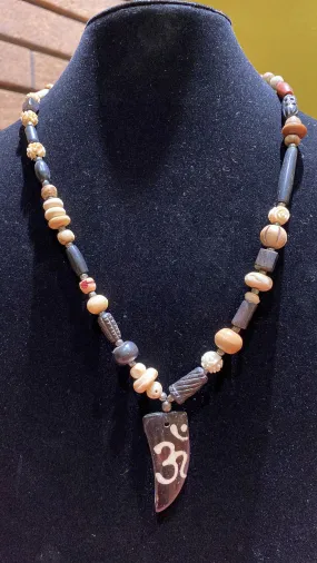 Wood & Water Buffalo Bone Assorted Bead Om Sign Necklace