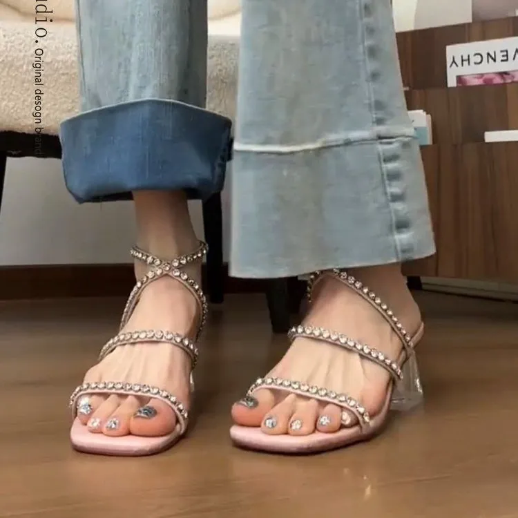 xiangtuibao New Rhinestone Sandals Fairy Snakelike Winding Roman Crystal Thick Heel Open Toe Sandals Female Summer Ankle-Strap High Heels